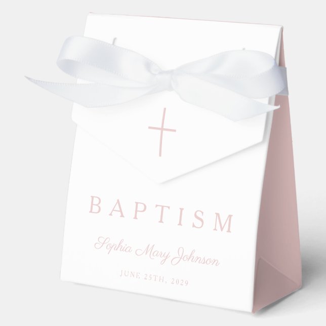 Religious Cross Pink Script Girl Baptism  Favor Box (Front)