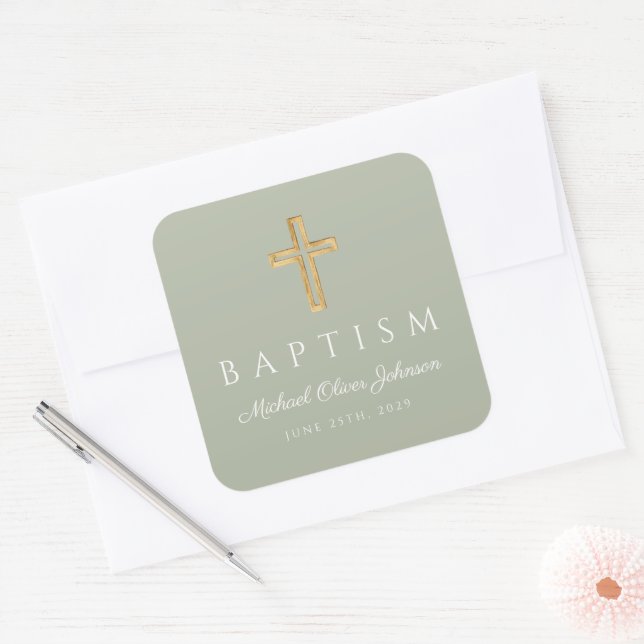 Religious Cross Sage Green Baptism  Square Sticker (Envelope)