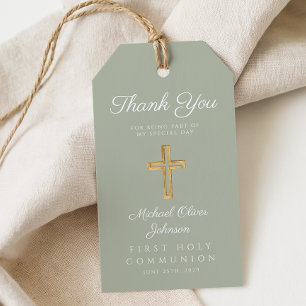 Religious Cross Sage Green First Communion  Gift Tags