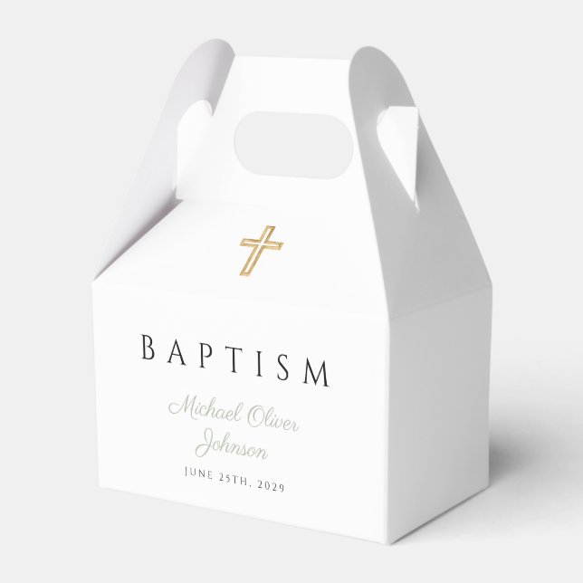 Religious Cross Sage Green Script Baptism Favor Box (Front Side)