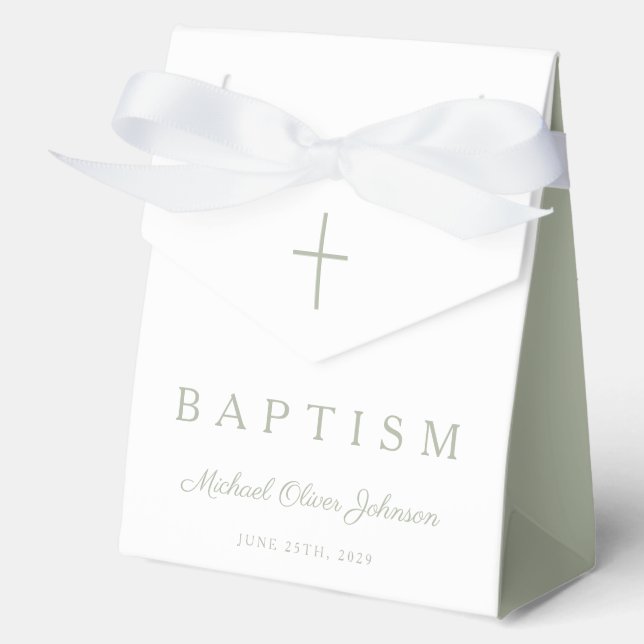Religious Cross Sage Green Script Boy Baptism  Favor Box (Front)
