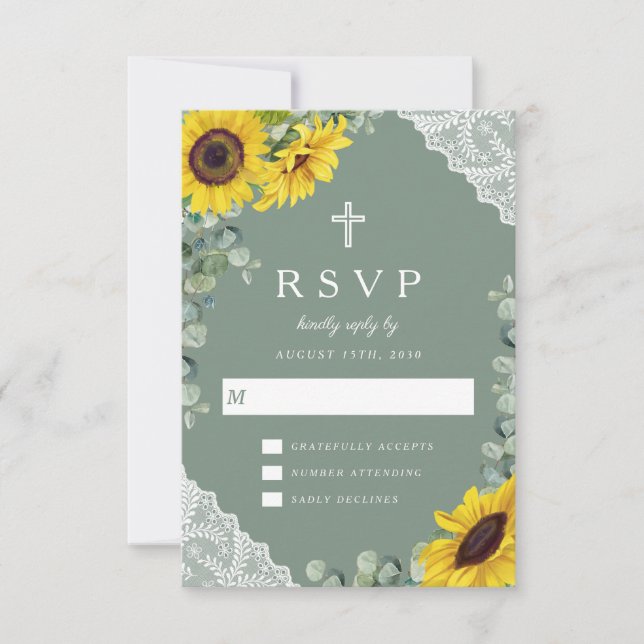 Religious Cross Sage Green Sunflower Lace Wedding  RSVP Card (Front)