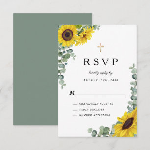 Religious Cross Sage Green Sunflower Wedding  RSVP Card