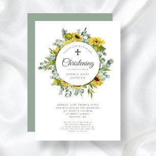 Religious Cross Sunflower Wreath Christening Invitation