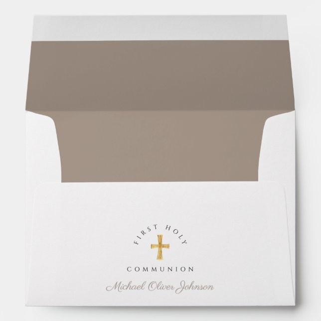 Religious Cross Taupe Boy First Communion Envelope (Back (Bottom))