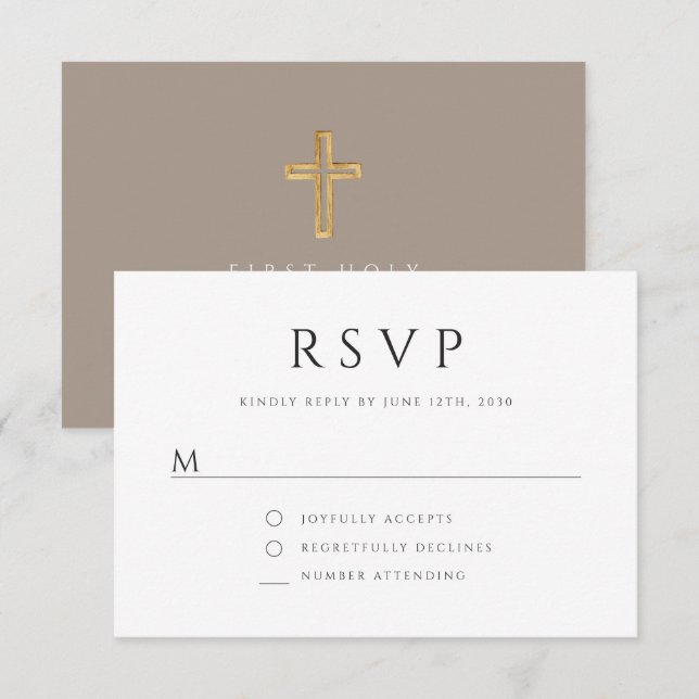 Religious Cross Taupe Boy First Communion RSVP Card (Front/Back)