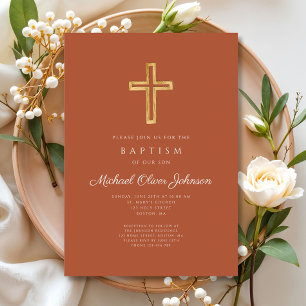 Religious Cross Terracotta Script Boy Baptism Invitation