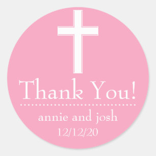 Religious Cross Thank You Labels (Pink / White)