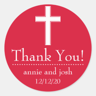 Religious Cross Thank You Labels (Red / White)