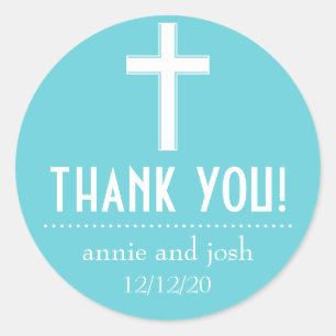 Religious Cross Thank You Labels (Teal / White)