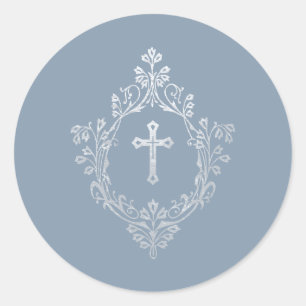 Religious Dusty Blue Faux Silver Cross in Crest Classic Round Sticker