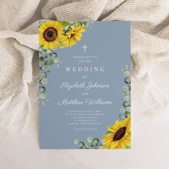 Religious Dusty Blue Floral Sunflower Wedding Invitation (Religious Dusty Blue Floral Sunflower Wedding Invitation)