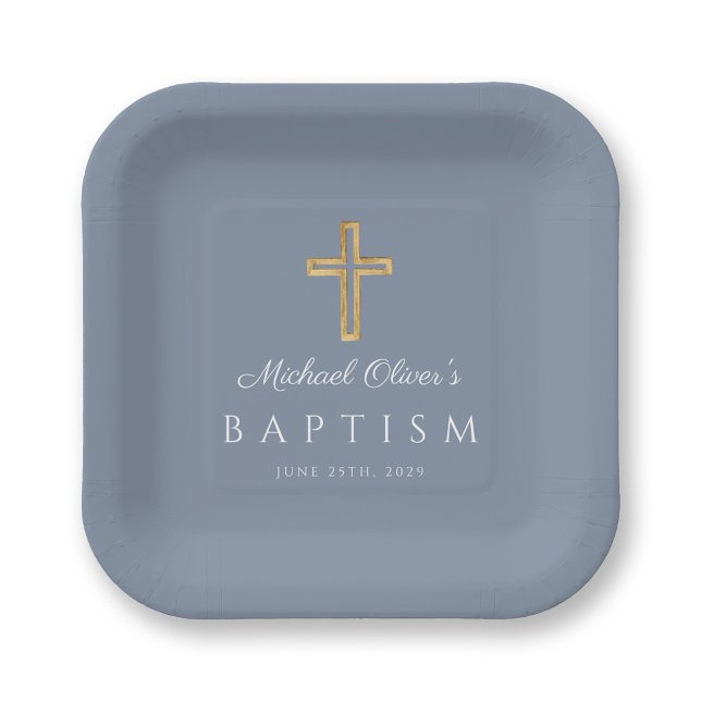 Religious Dusty Blue Script Cross Boy Baptism Paper Plate (Religious Dusty Blue Script Cross Boy Baptism Paper Plates)