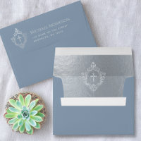 Religious Dusty Blue Silver Cross in Crest Elegant