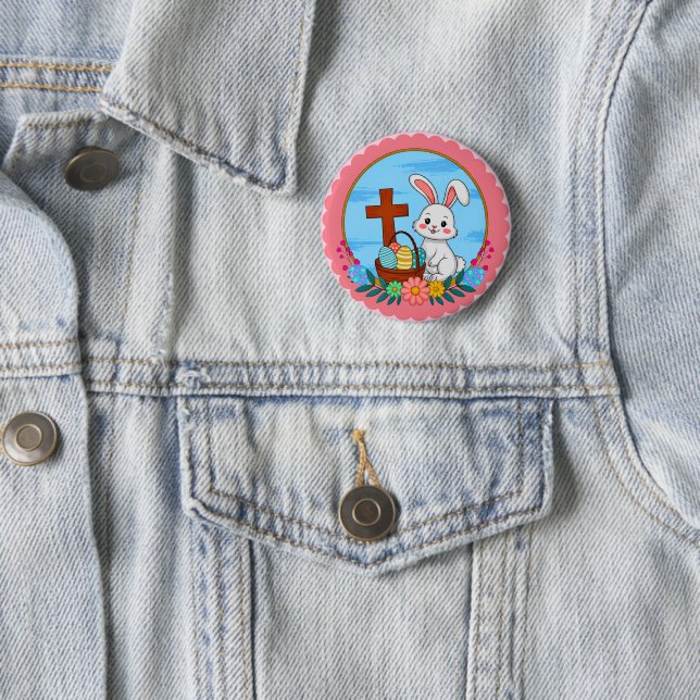 Religious Easter Bunny with Cross and Floral Egg 2 Inch Round Button (In Situ)
