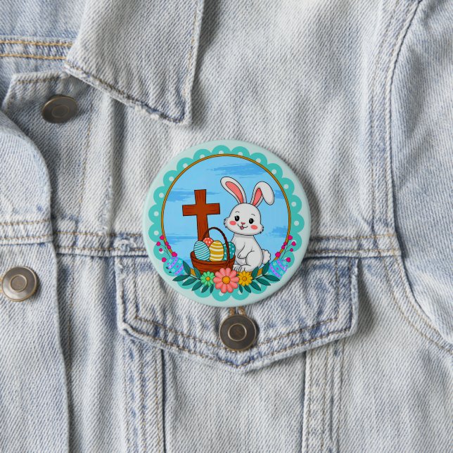 Religious Easter Bunny with Cross and Floral Egg 3 Inch Round Button (In Situ)
