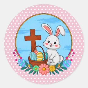 Religious Easter Bunny with Cross and Floral Egg Classic Round Sticker
