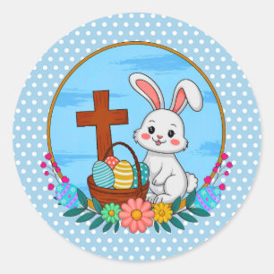 Religious Easter Bunny with Cross and Floral Egg Classic Round Sticker