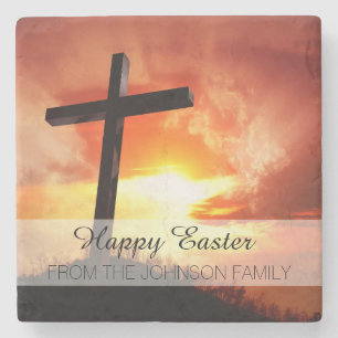 Religious Easter Cross at Sunset Stone Coaster