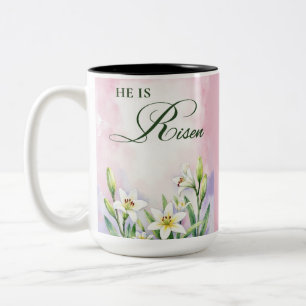 Religious Easter He Is Risen Lilies Watercolor Two-Tone Coffee Mug