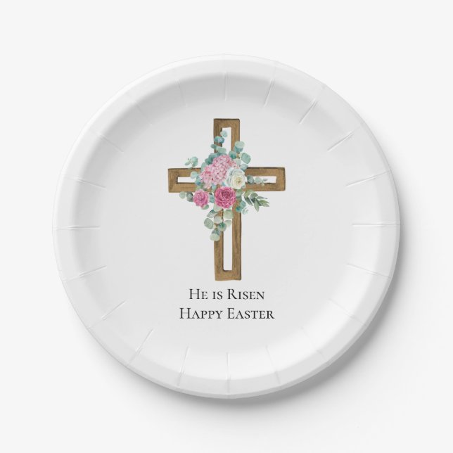 Religious Easter He is Risen Wood Cross Floral  Paper Plate (Front)