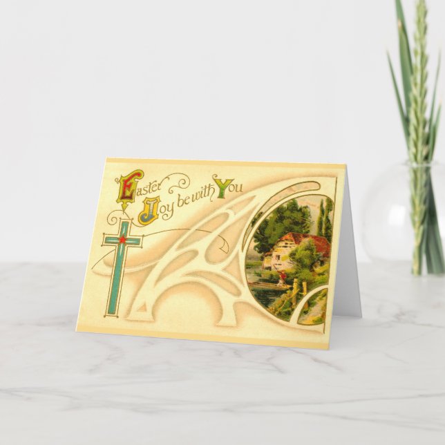 Religious Easter with Cross & Vignette Holiday Card (Front)