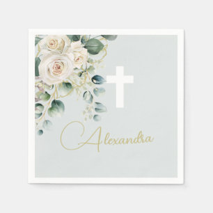 Religious Elegant Roses Green Wash Cross Napkin