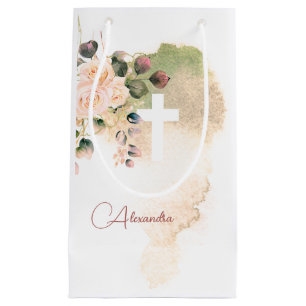 Religious Elegant Roses Pink Cross Personal Small Gift Bag