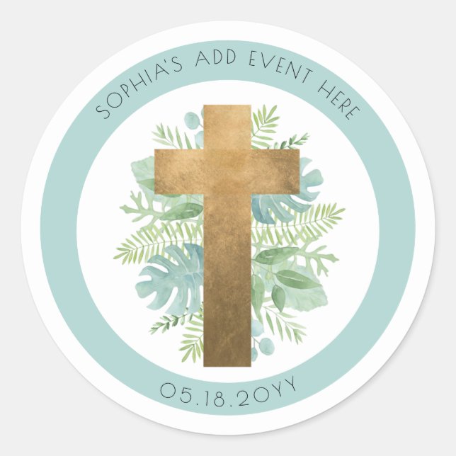 Religious Event Greenery Cross Envelope Seal/Favou Classic Round Sticker (Front)