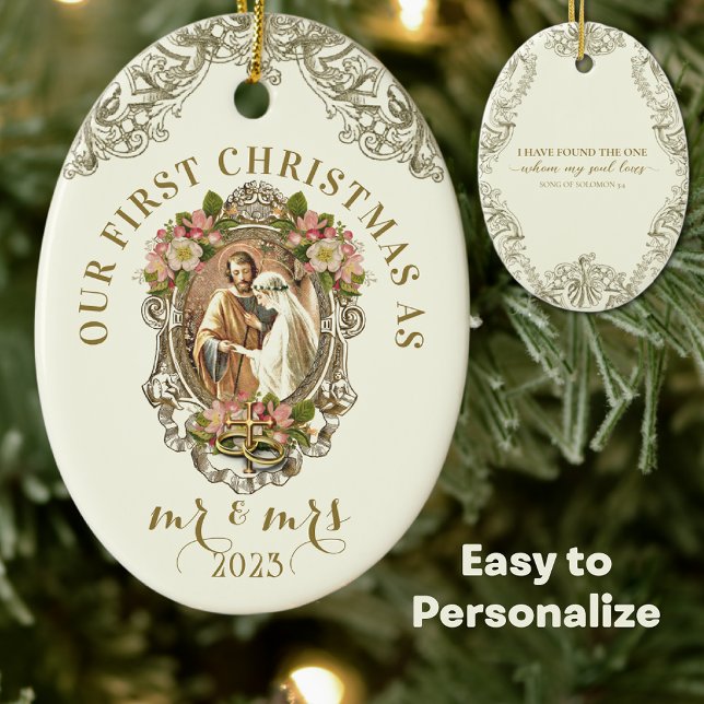 Religious First Christmas Mr and Mrs Wedding Ceramic Ornament (Traditional Catholic First Christmas Together Wedding Ornaments)