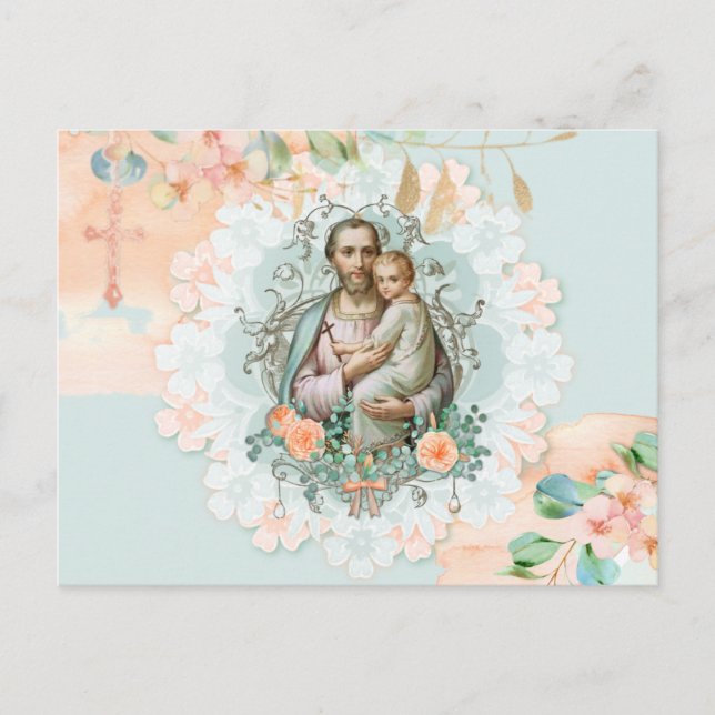 Religious Floral St. Joseph Jesus Eucalyptus Peach Postcard (Front)