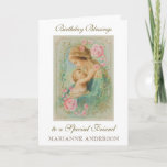 Religious Friend Birthday Virgin Mary Jesus  Card<br><div class="desc">This is a beautiful traditional Catholic customized image of the Blessed Virgin Mary with the Child Jesus with a vintage golden frame and pink roses.  All text and fonts may be modified to suit the occasion and recipient.</div>