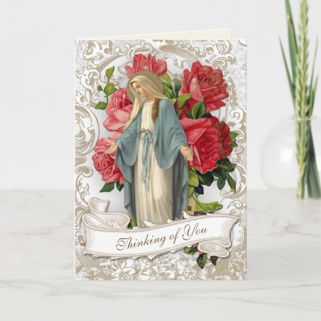 Religious Friendship Virgin Mary Vintage Red Roses Card (Front)