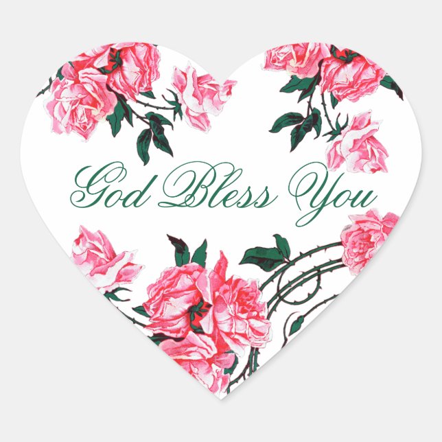 Religious God Bless You Pink Roses Floral  Heart Sticker (Front)