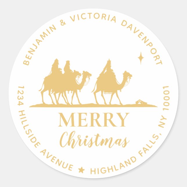 Religious Gold Merry Christmas Return Address Classic Round Sticker (Front)