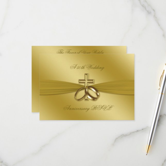 Religious Golden 50th Wedding Anniversary RSVP Card (Front/Back In Situ)