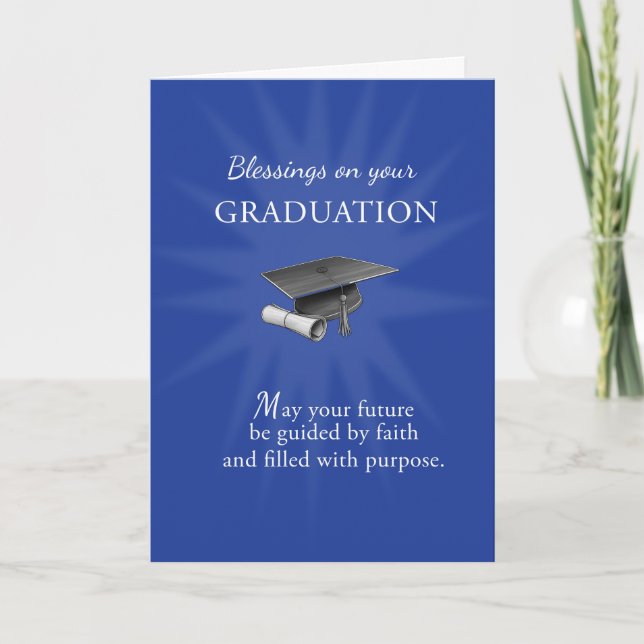 Religious Graduation Blessings Blue Cap Diploma Card (Front)