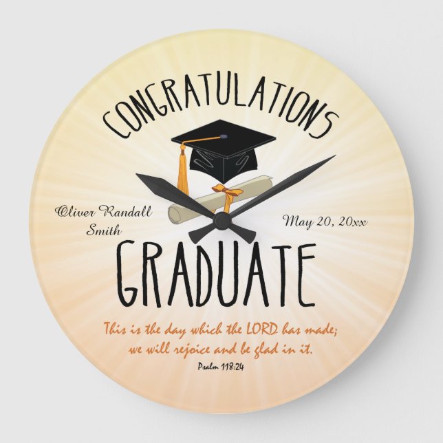 Religious Graduation Gold Starburst with Black Cap Large Clock (Front)