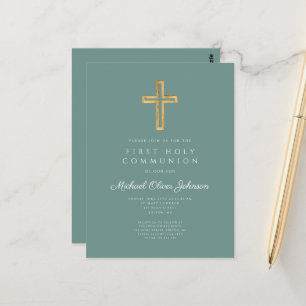 Religious Green Boy First Communion Invitation Postcard