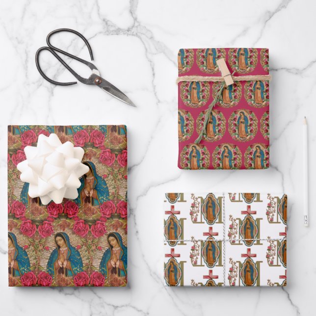 Religious Guadalupe Virgin Mary Floral Roses  Wrap Wrapping Paper Sheet (Front)
