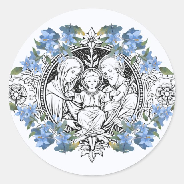 Religious Holy Family Elegant Blue Floral Classic Round Sticker (Front)
