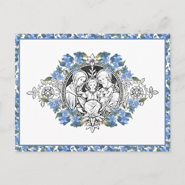 Religious Holy Family Elegant Blue Floral Thank Yo Postcard (Front)