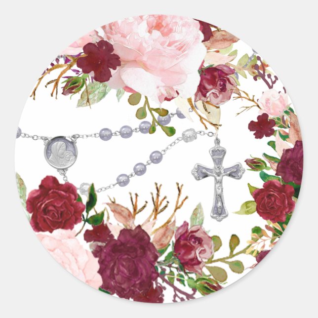 Religious Holy Rosary Pink Roses Floral  Square  Classic Round Sticker (Front)
