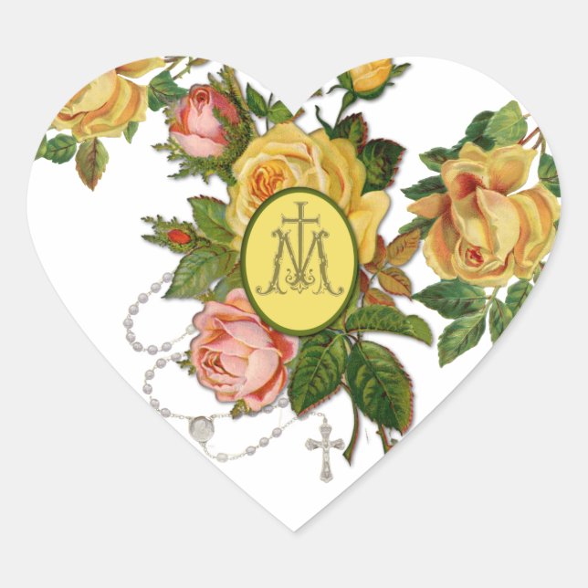 Religious Holy Rosary Yellow Roses Marian Cross Heart Sticker (Front)
