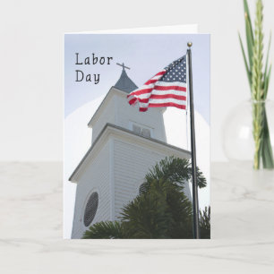 Religious Labour Day Card with Church & Flag