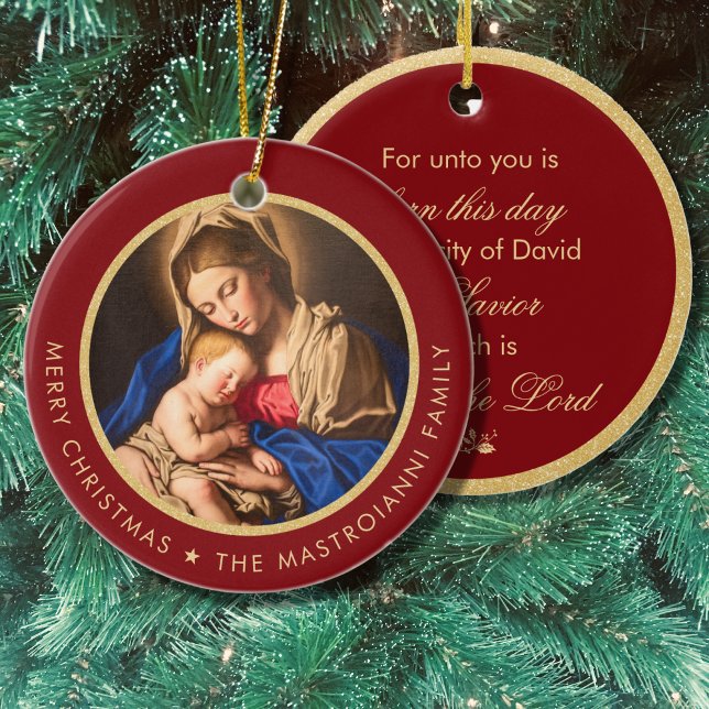 Religious Madonna & Child Christmas Gift Ceramic Ornament (Red and gold religious Christmas ornament with Madonna and Child and Bible verse)
