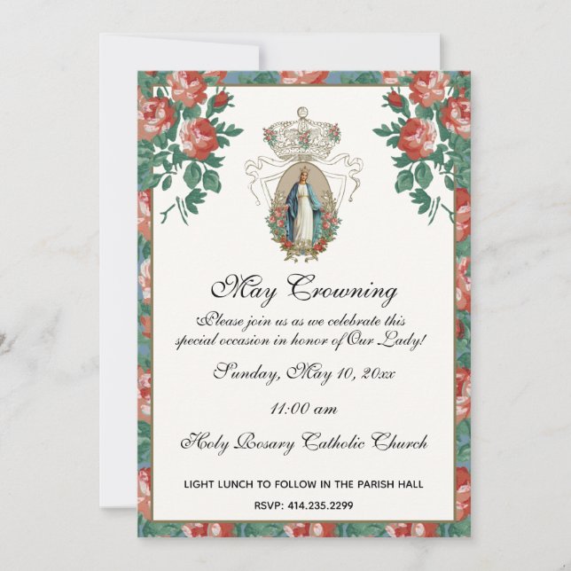 Religious May Crowning Mary Mothers Day Roses Invi Invitation (Front)