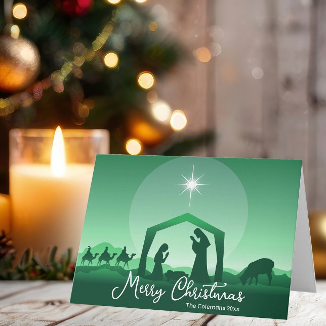 Religious Merry Christmas Green Nativity Scene Holiday Card (Creator Uploaded)