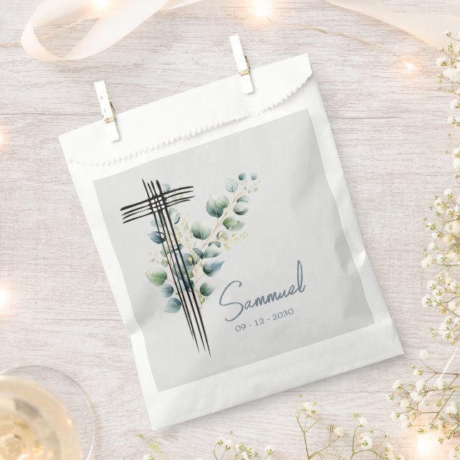 Religious Modern Botanical Blue Cross Favour Bag (Clipped)