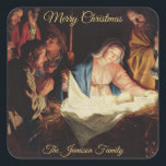 Religious Nativity Gold Calligraphy Christmas Gift Square Sticker<br><div class="desc">These religious Christmas gift tag stickers feature a painting of the nativity entitled "The Adoration of the Shepherds" (1622) by Gerrit van Hornthorst. They include the message "Merry Christmas", written in gold calligraphy script at the top, and your name at the bottom for beautiful and convenient gift giving. If you...</div>